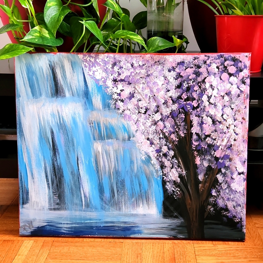 Waterfall and cherry blossom painting